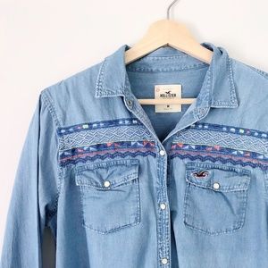 Hollister Embroidered Chambray Long Sleeve Shirt